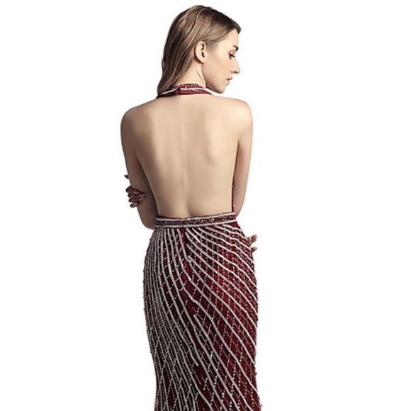 Navy Sequin Halter Mermaid Evening Gown - Picture 2 of 6